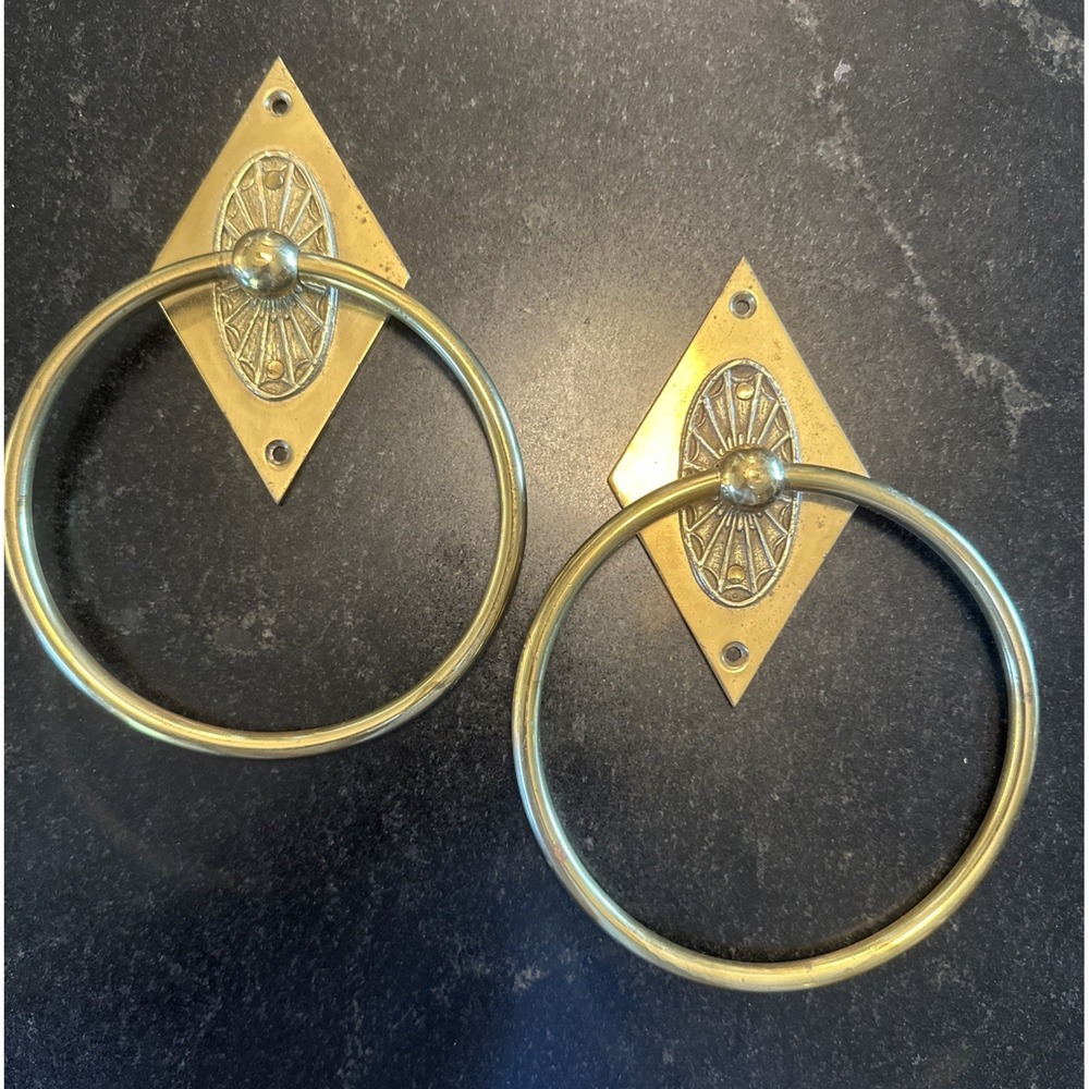 Pair Vintage Art Deco Brass Door Knockers Towel Rings 8x5" Diamond Backplate Fan